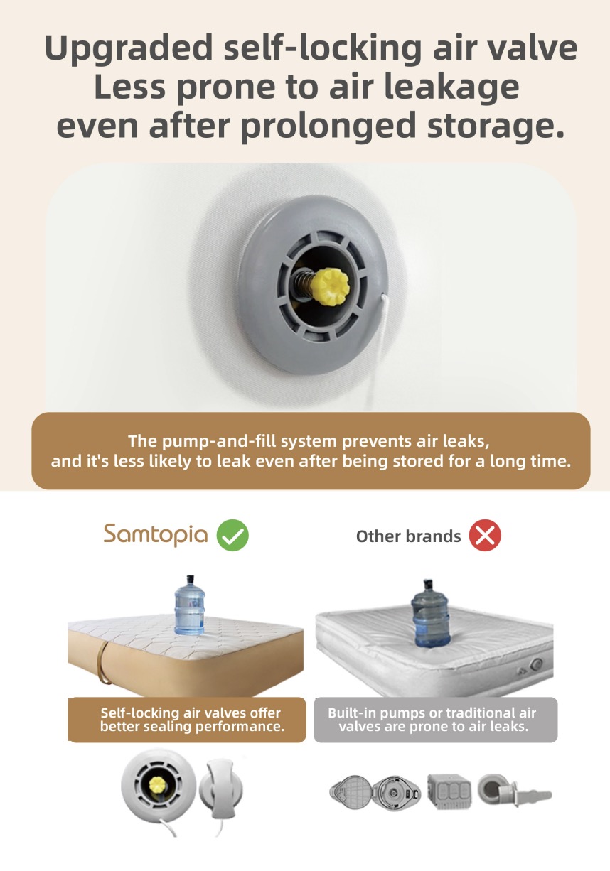 Self-locking air valve on Samtopia TPU inflatable mattress preventing deflation