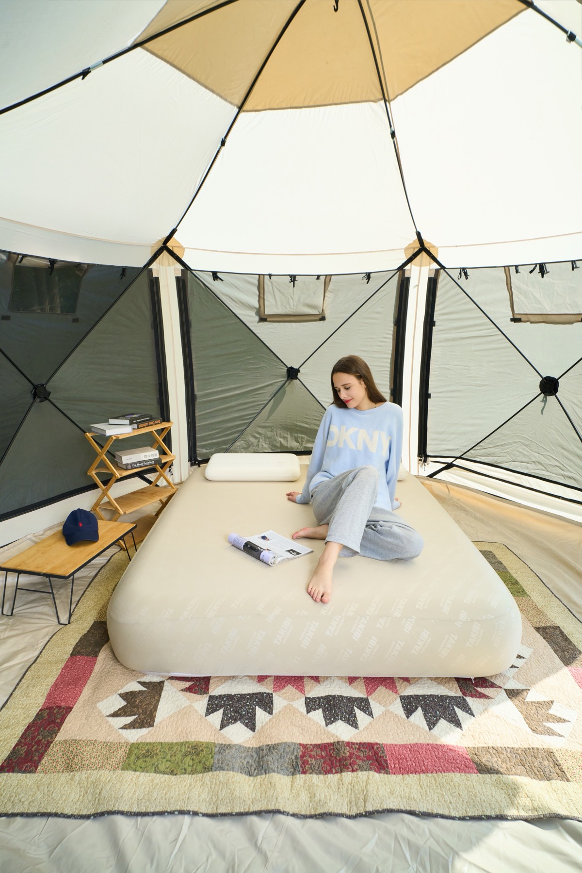 TPU inflatable mattress in glamping dome tent demonstrating premium outdoor comfort and durability