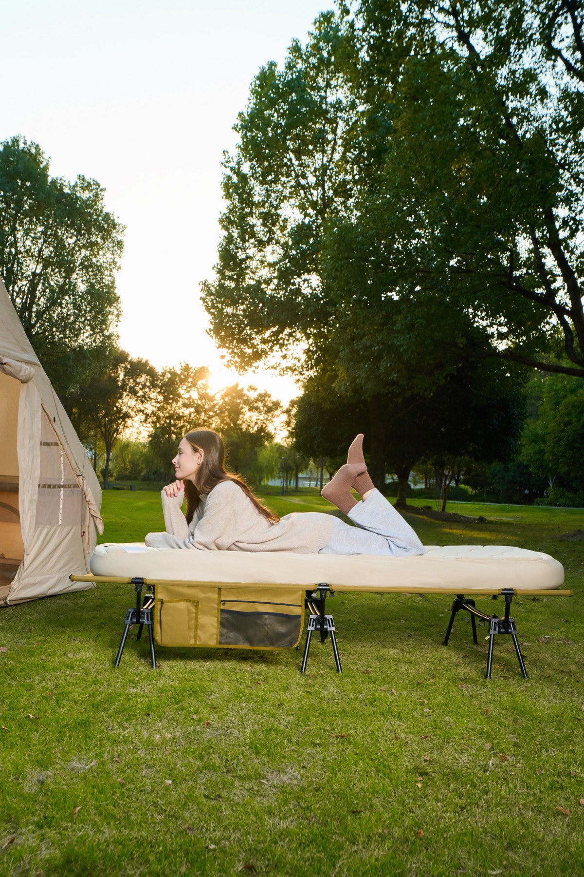 Samtopia camping mattress in glamping tent setup showing puncture-free TPU surface