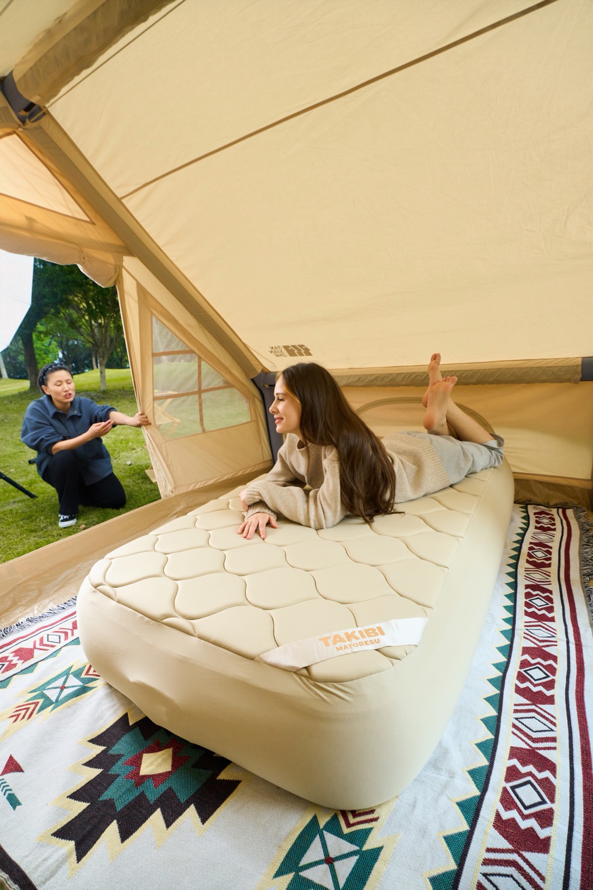 Premium glamping tent with Samtopia TPU mattress showing luxury outdoor sleeping