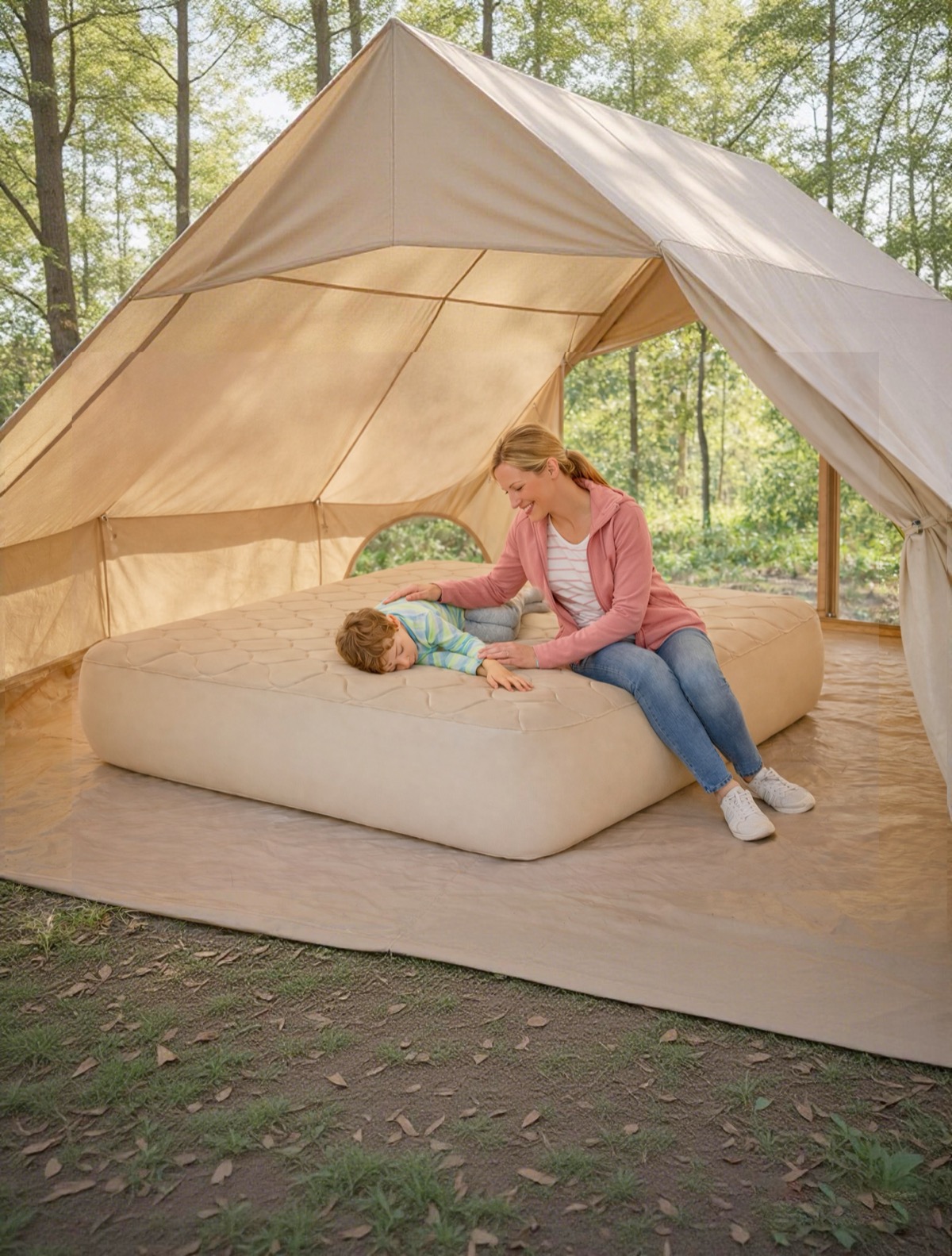 Samtopia inflatable mattress in glamping tent properly set up on clean surface